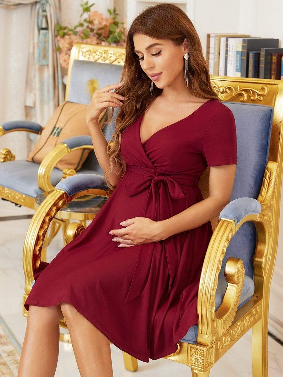 Deep V Neck Short Sleeves Full Circle Skirt Short Maternity Dress