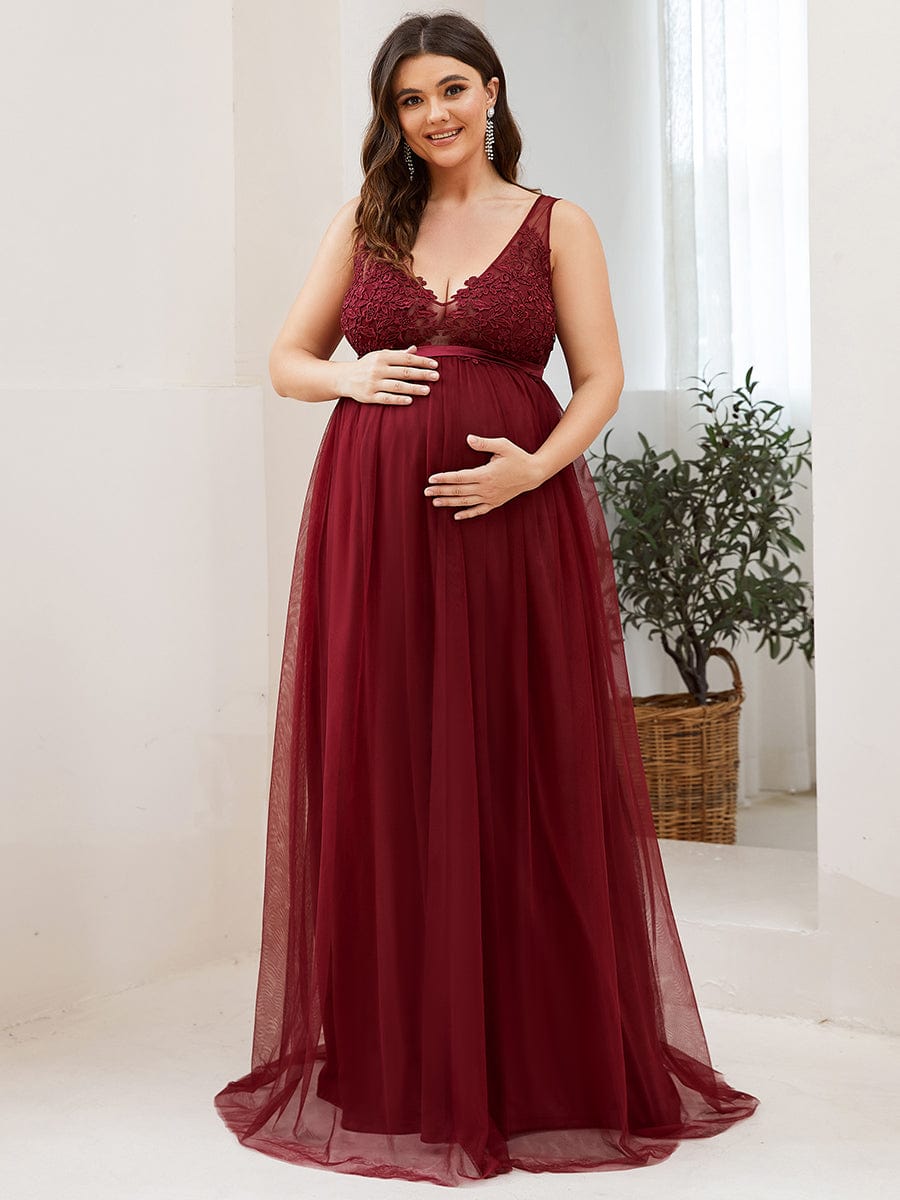 Mid-Rib Deep V Embroidered Bodice Long Maternity Evening Dress