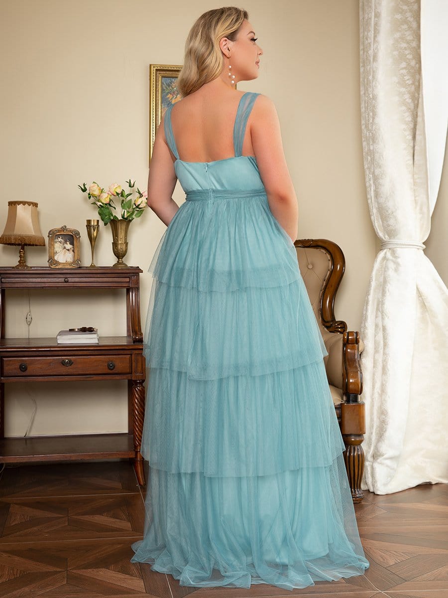 Plus Size Deep V Sleeveless Mid-Rib Layered Tulle Long Maternity Dress