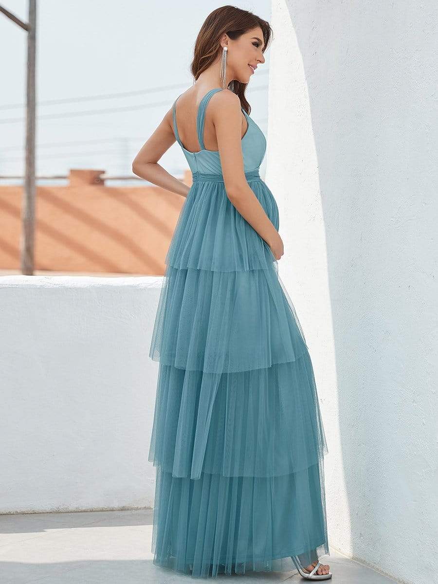 Deep V Sleeveless Mid-Rib Layered Tulle Long Maternity Dress