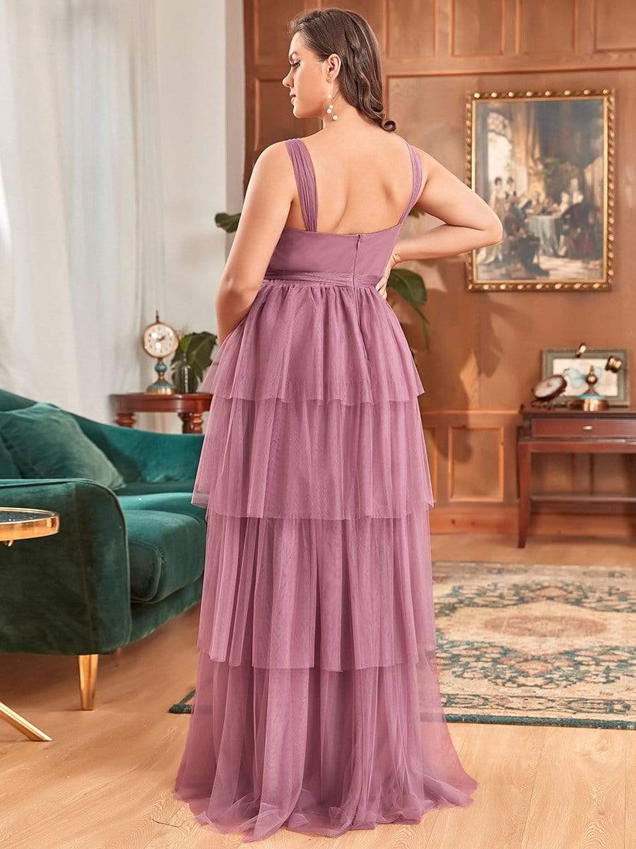 Plus Size Deep V Sleeveless Mid-Rib Layered Tulle Long Maternity Dress