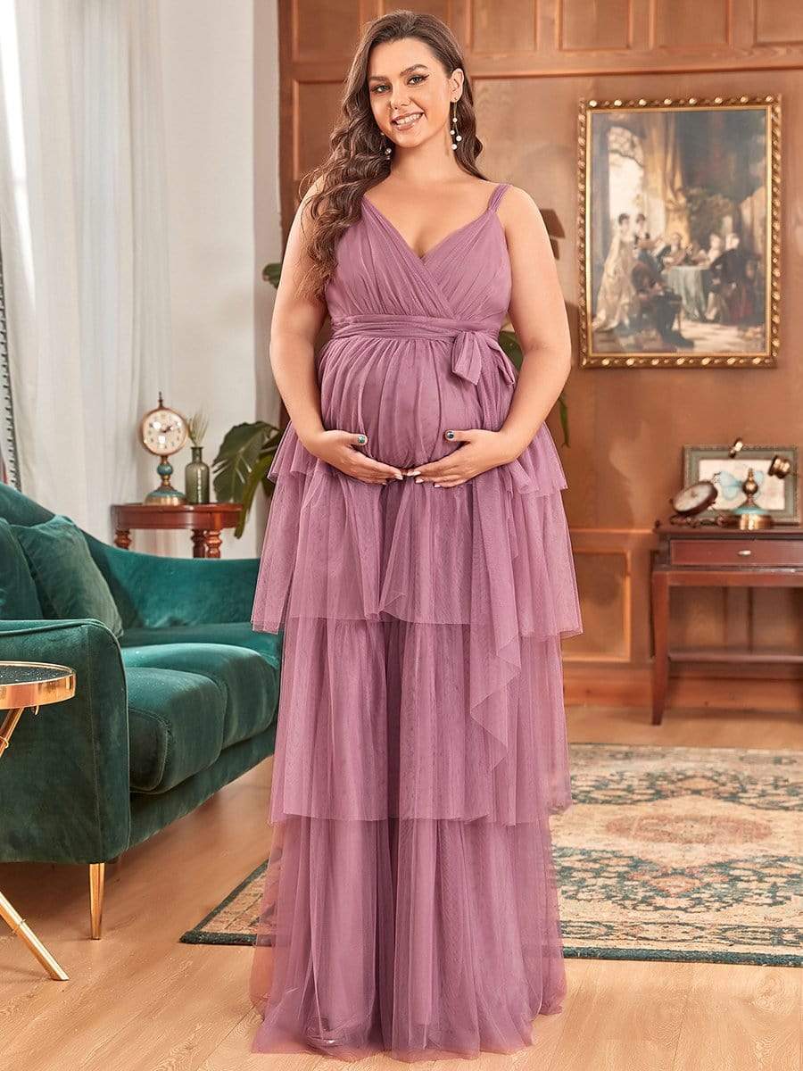 Plus Size Deep V Sleeveless Mid-Rib Layered Tulle Long Maternity Dress