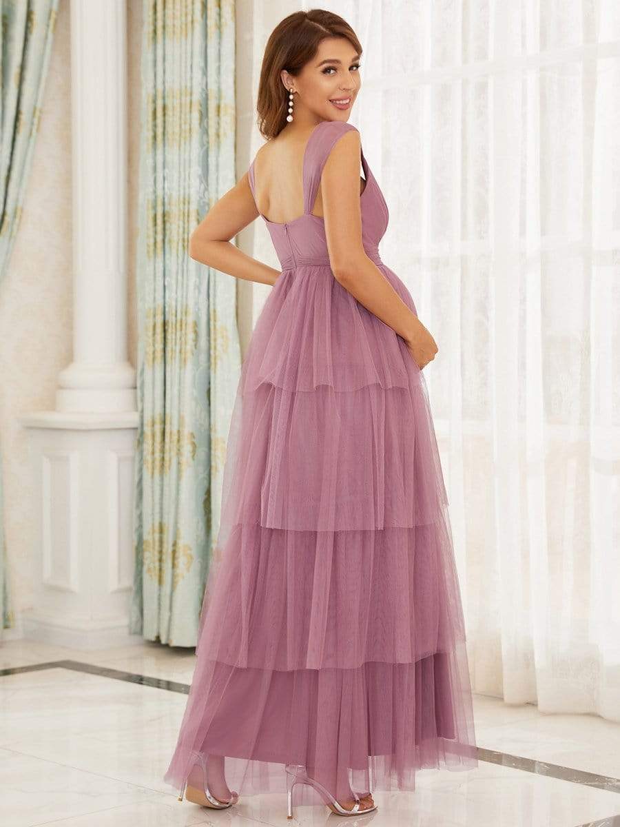 Deep V Sleeveless Mid-Rib Layered Tulle Long Maternity Dress