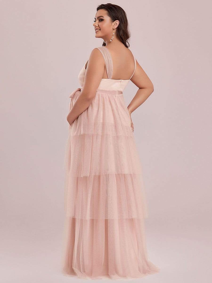 Plus Size Deep V Sleeveless Mid-Rib Layered Tulle Long Maternity Dress