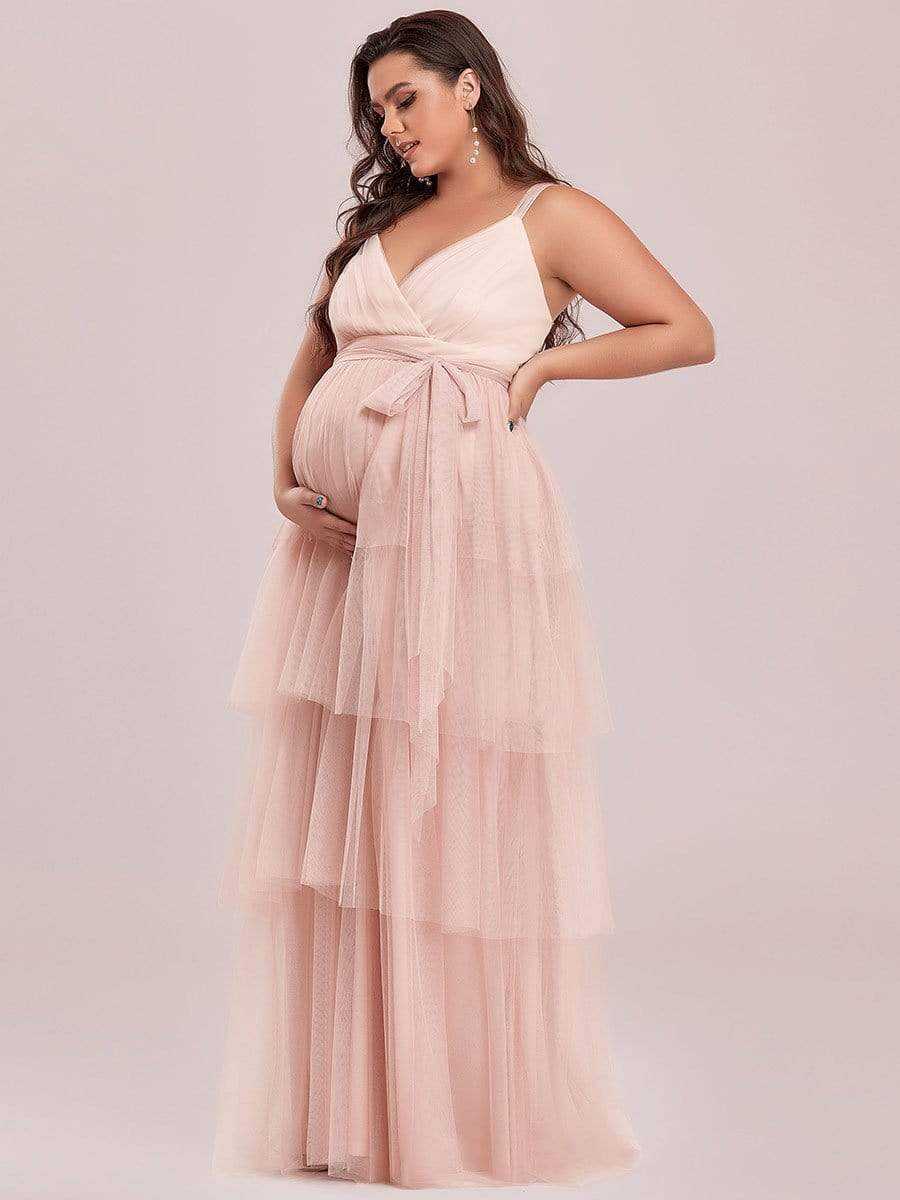 Plus Size Deep V Sleeveless Mid-Rib Layered Tulle Long Maternity Dress