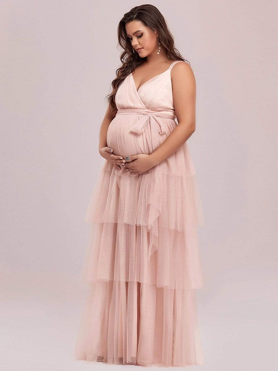 Plus Size Deep V Sleeveless Mid-Rib Layered Tulle Long Maternity Dress