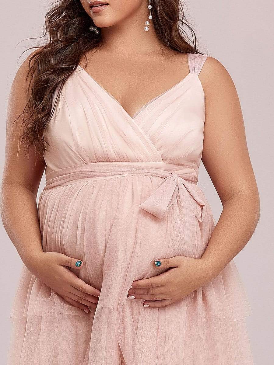 Plus Size Deep V Sleeveless Mid-Rib Layered Tulle Long Maternity Dress