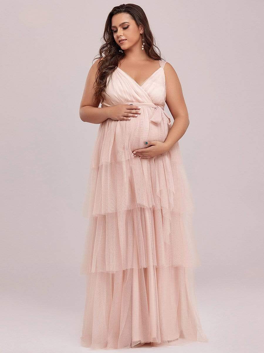 Plus Size Deep V Sleeveless Mid-Rib Layered Tulle Long Maternity Dress