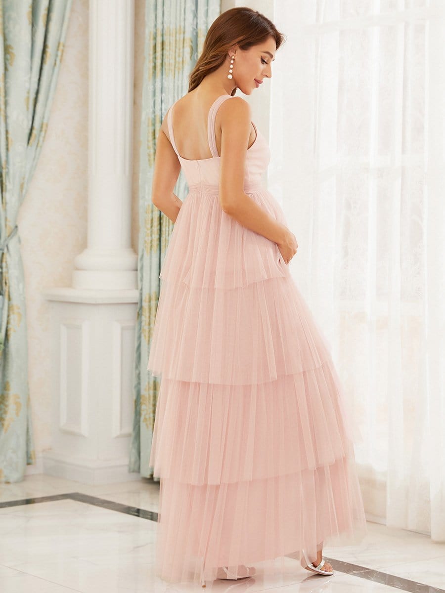 Deep V Sleeveless Mid-Rib Layered Tulle Long Maternity Dress