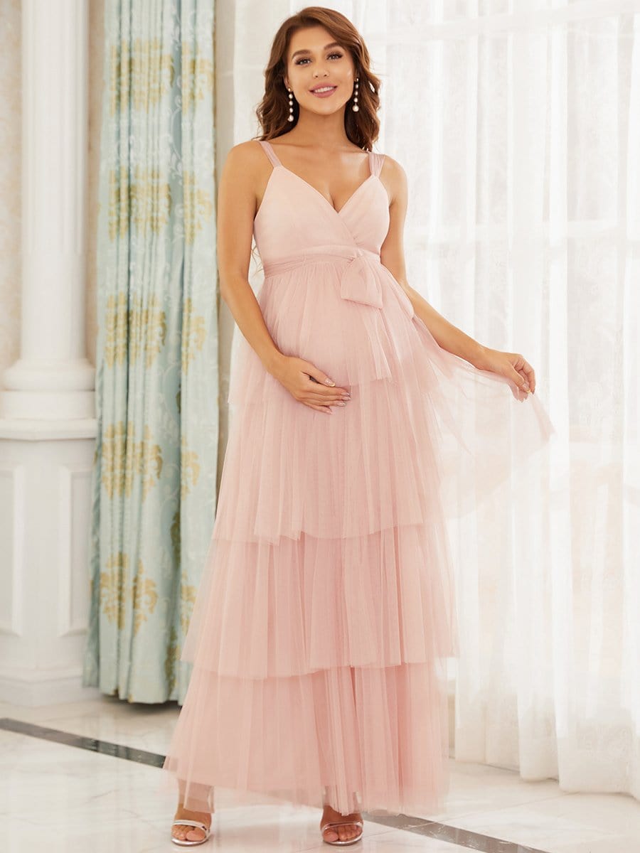 Deep V Sleeveless Mid-Rib Layered Tulle Long Maternity Dress