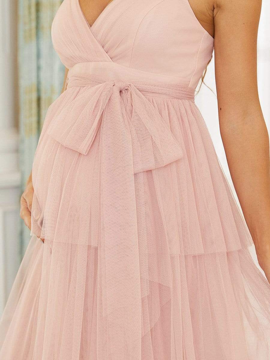 V-neck Sleeveless Mid-Rib Layered Tulle Long Maternity Wedding Guest Dress