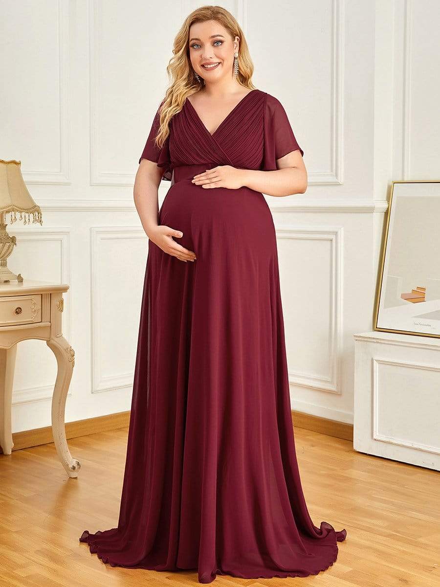 Plus Size Pleated Bodice Ruffle Sleeves V Neck Floor Length Maternity Dress