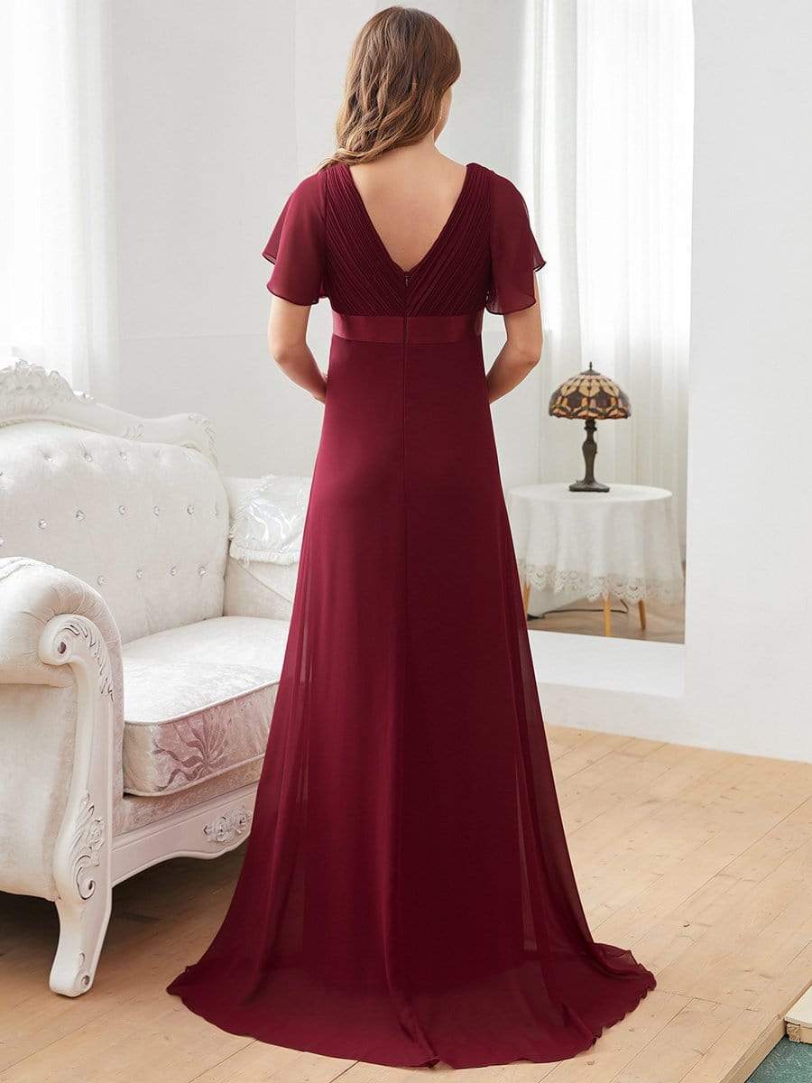 Pleated Bodice V Neck Floor Length Maternity Wedding Guest Dress with Sleeves