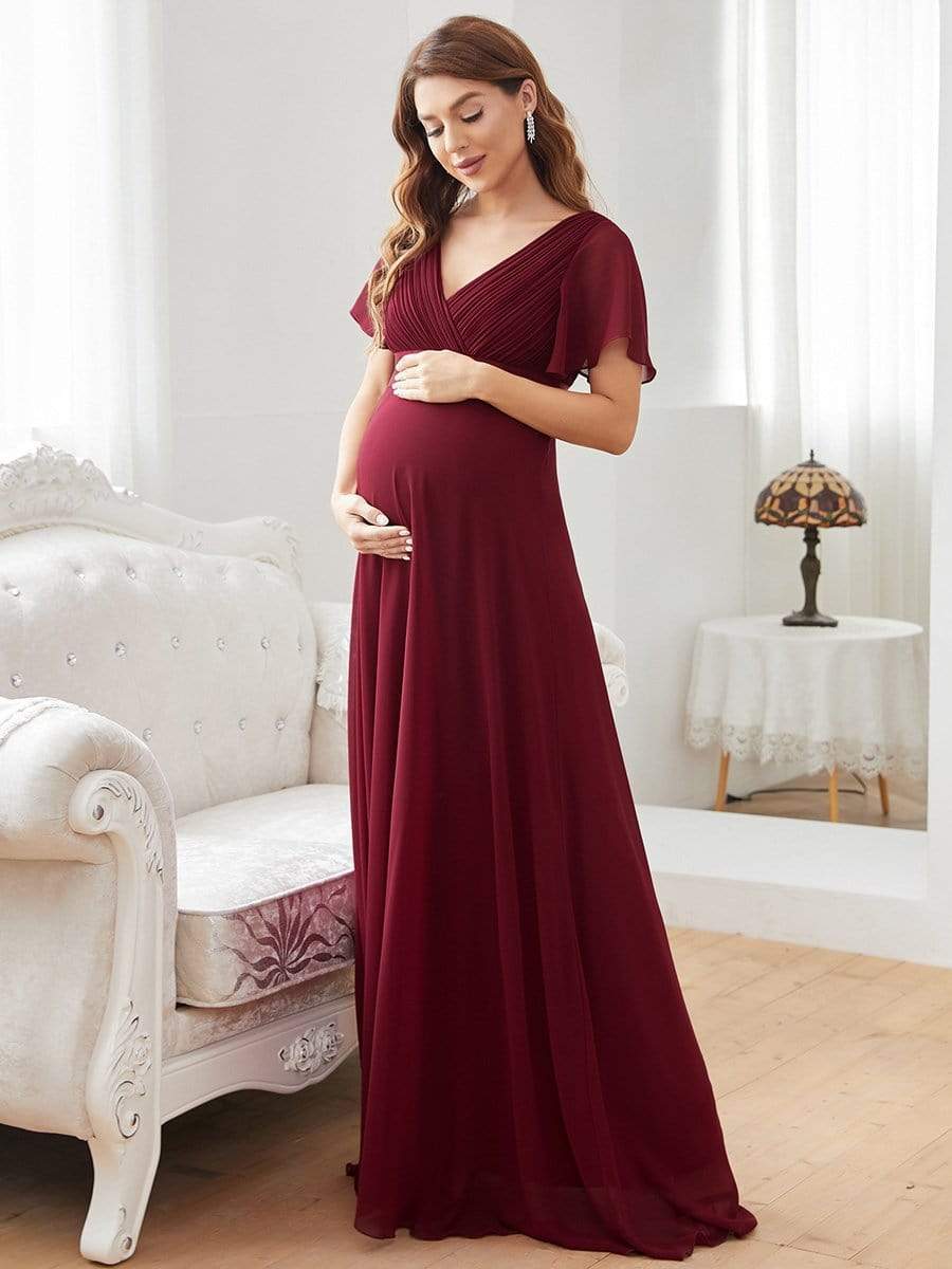 Pleated Bodice V Neck Floor Length Maternity Wedding Guest Dress with Sleeves