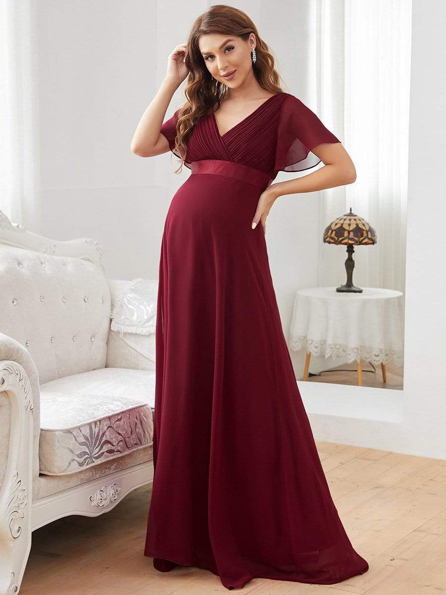 Pleated Bodice V Neck Floor Length Maternity Wedding Guest Dress with Sleeves