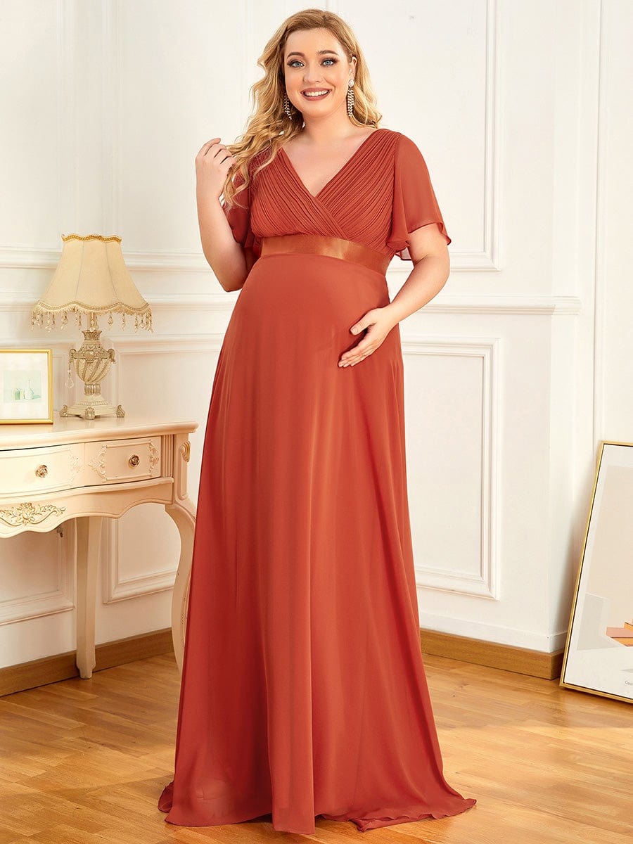 Pleated Bodice Ruffle Sleeves V Neck Floor Length Maternity Dress