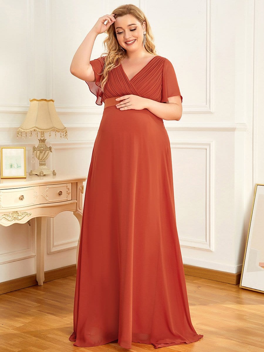 Plus Size Pleated Bodice Ruffle Sleeves V Neck Floor Length Maternity Dress