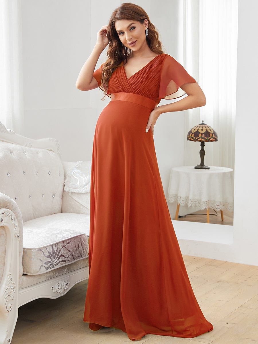 Pleated Bodice V Neck Floor Length Maternity Wedding Guest Dress with Sleeves