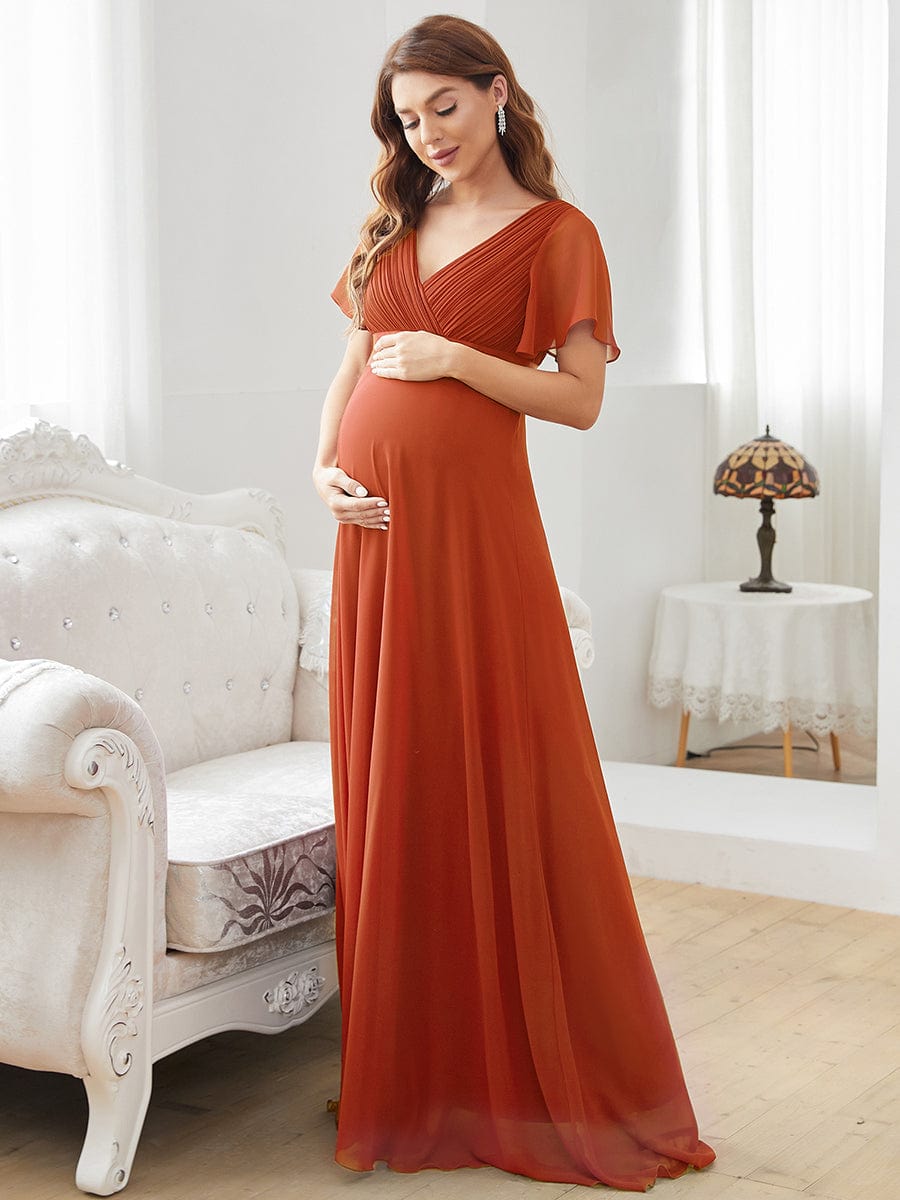 Pleated Bodice V Neck Floor Length Maternity Wedding Guest Dress with Sleeves