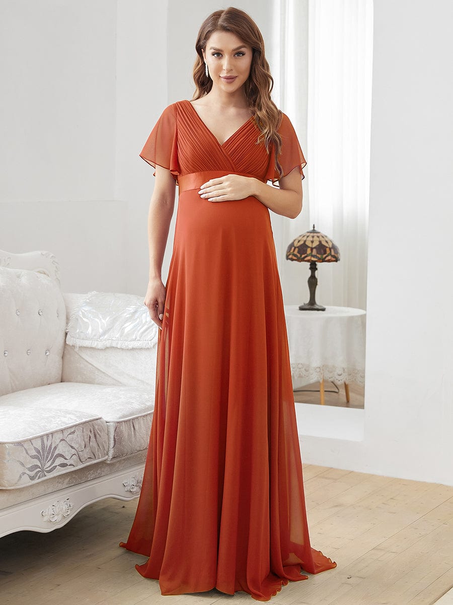 Pleated Bodice Ruffle Sleeves V Neck Floor Length Maternity Dress