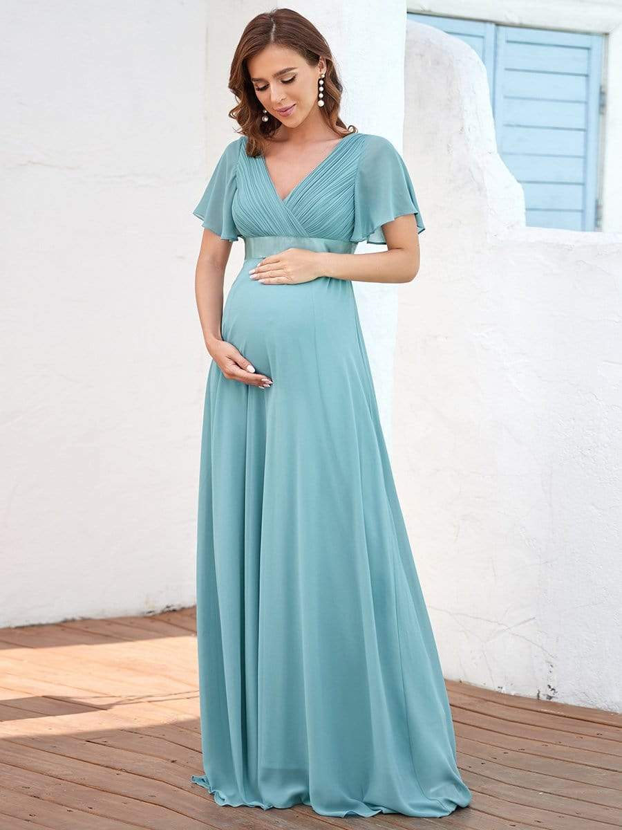 Pleated Bodice V Neck Floor Length Maternity Wedding Guest Dress with Sleeves