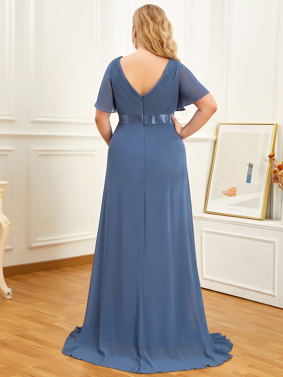 Plus Size Pleated Bodice Ruffle Sleeves V Neck Floor Length Maternity Dress