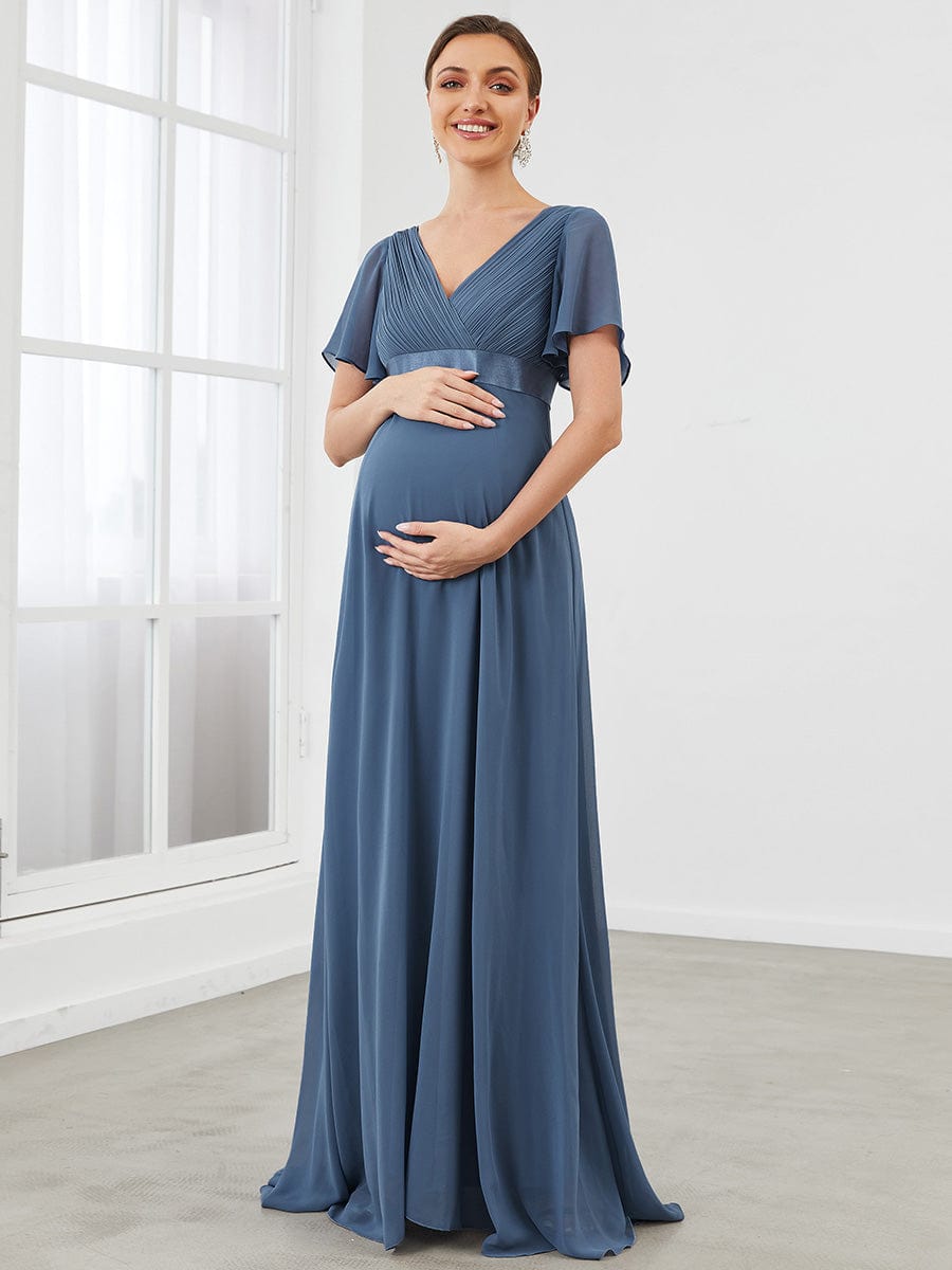 Pleated Bodice V Neck Floor Length Maternity Wedding Guest Dress with Sleeves