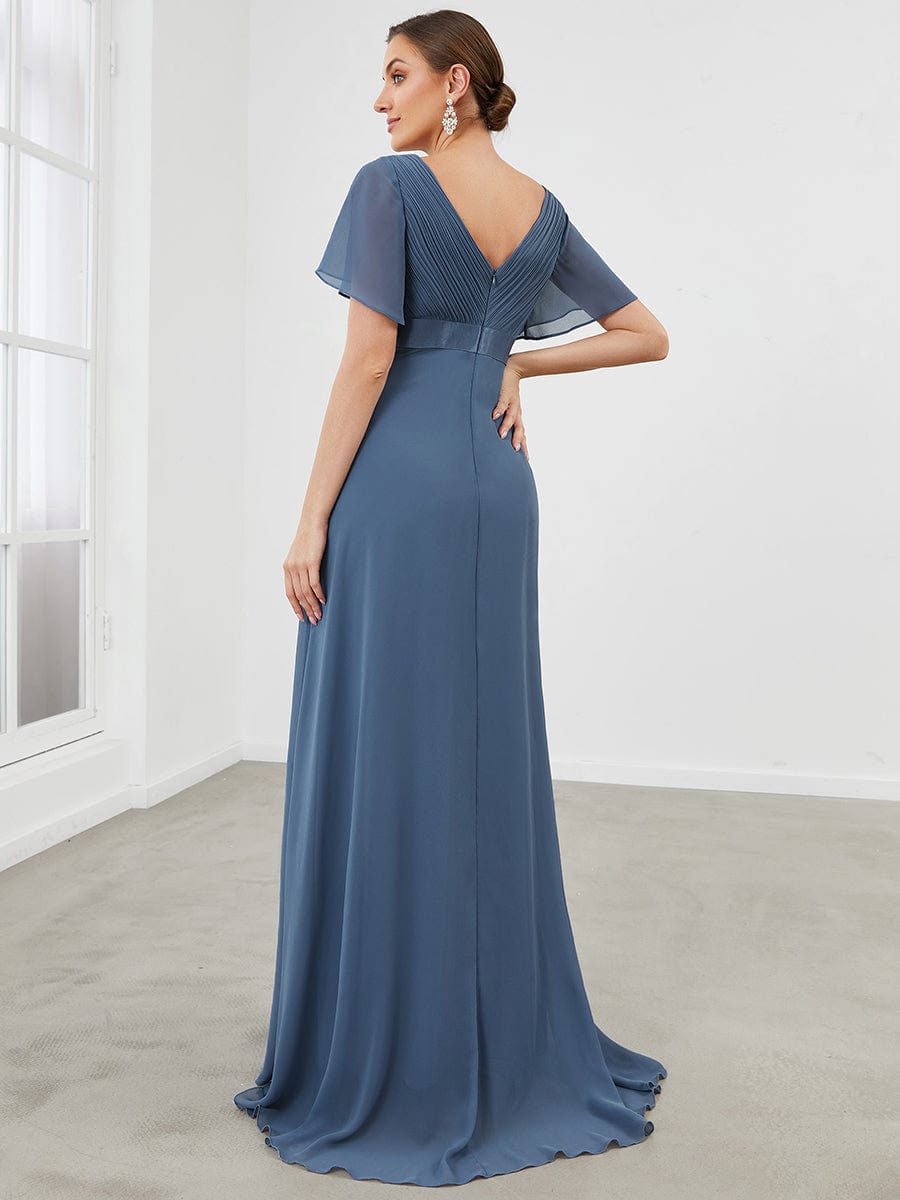 Pleated Bodice Ruffle Sleeves V Neck Floor Length Maternity Dress