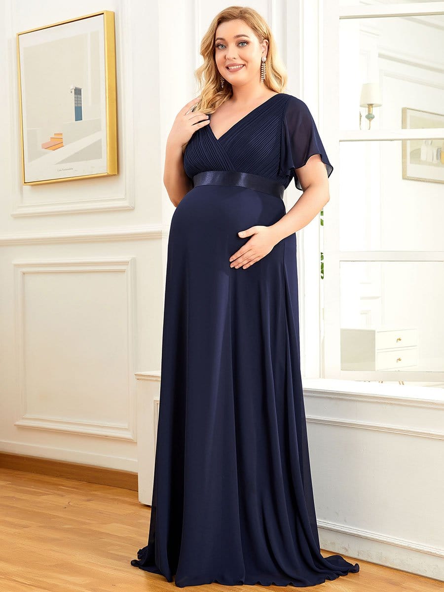 Plus Size Pleated Bodice Ruffle Sleeves V Neck Floor Length Maternity Dress