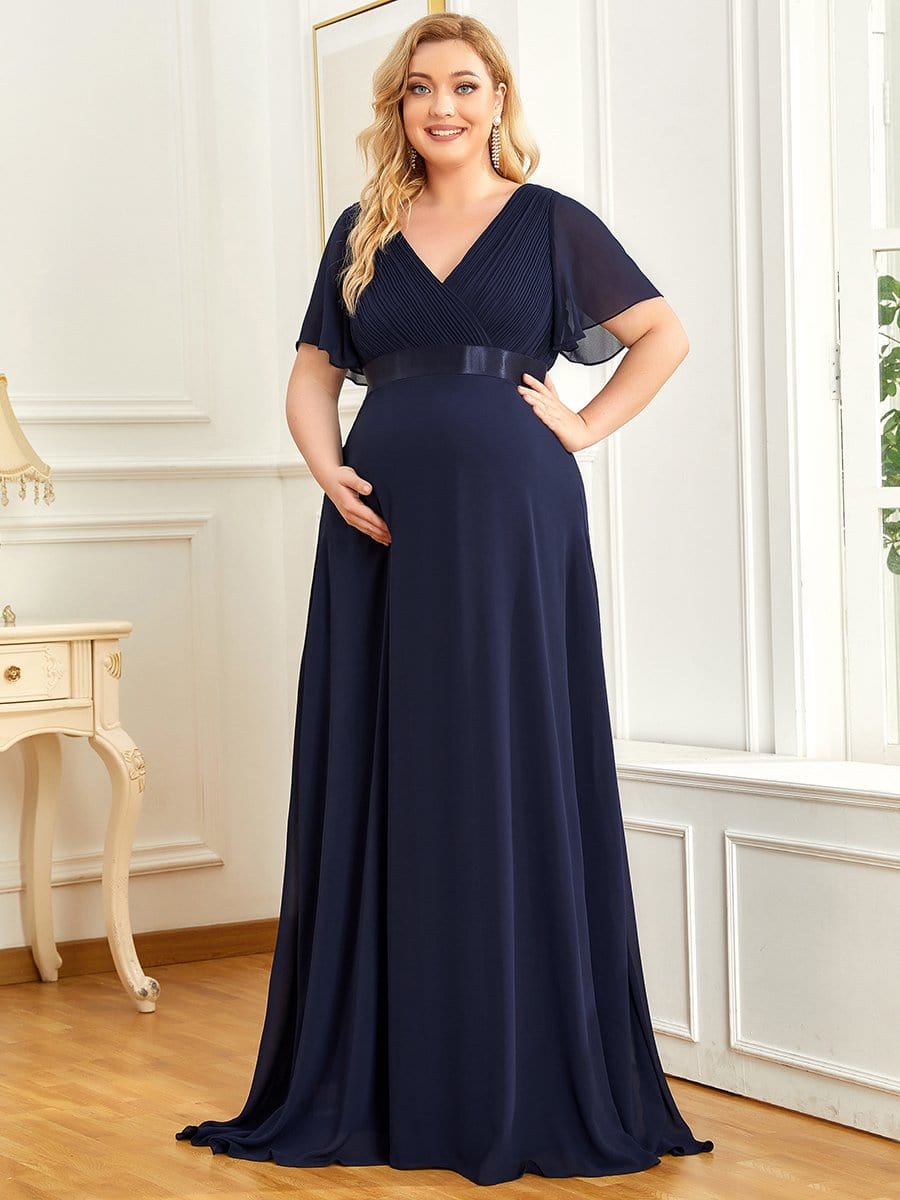 Plus Size Pleated Bodice Ruffle Sleeves V Neck Floor Length Maternity Dress