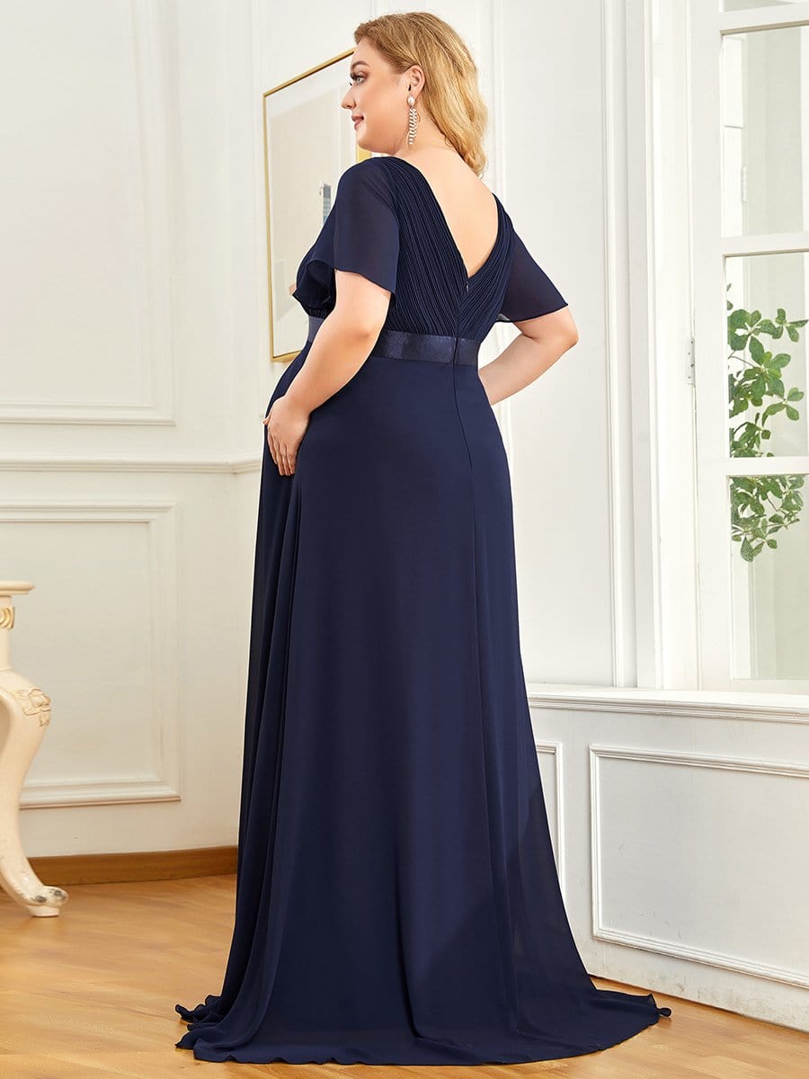 Plus Size Pleated Bodice Ruffle Sleeves V Neck Floor Length Maternity Dress