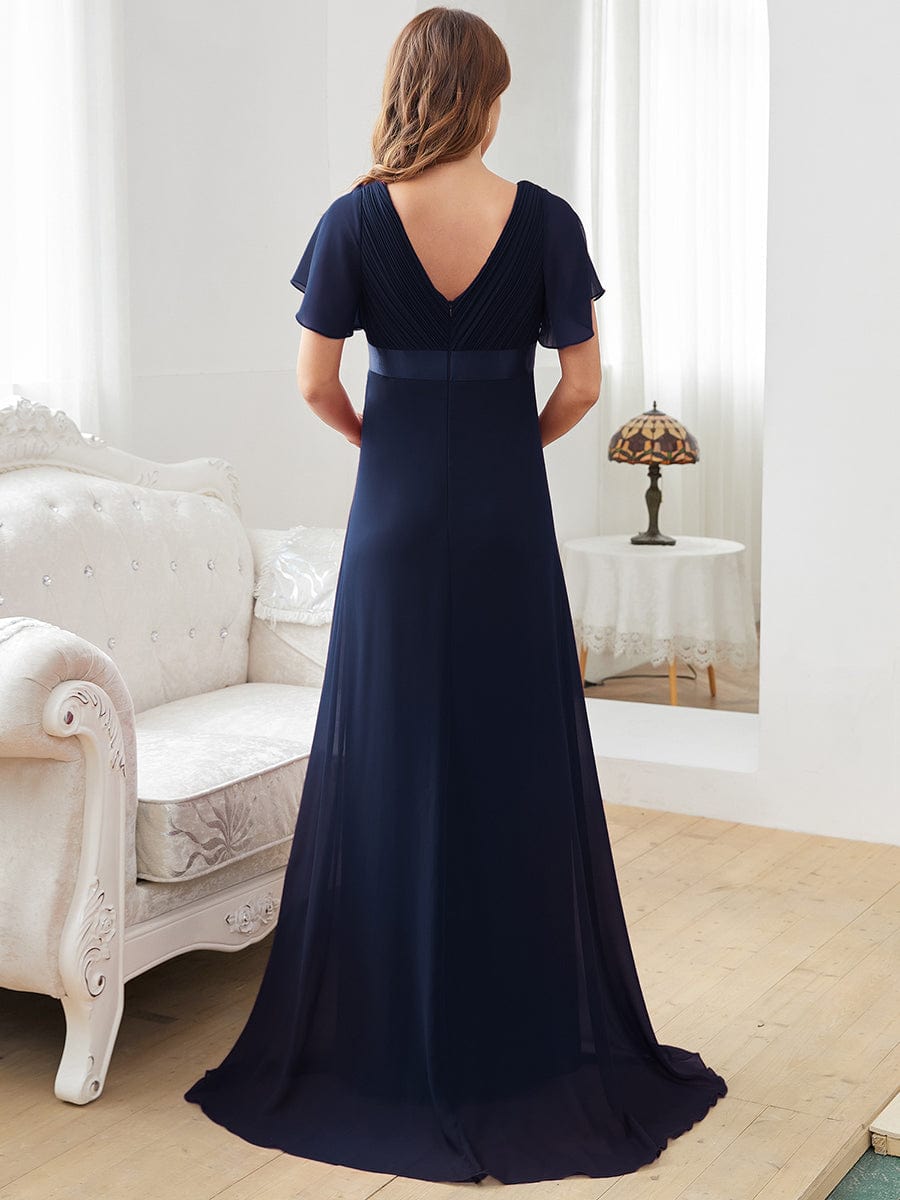 Pleated Bodice Ruffle Sleeves V Neck Floor Length Maternity Dress