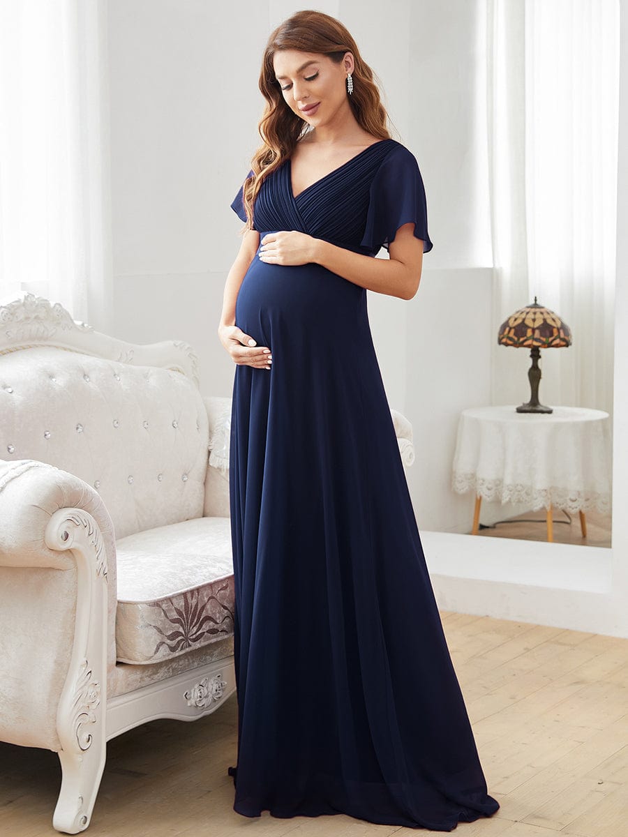 Pleated Bodice Ruffle Sleeves V Neck Floor Length Maternity Dress