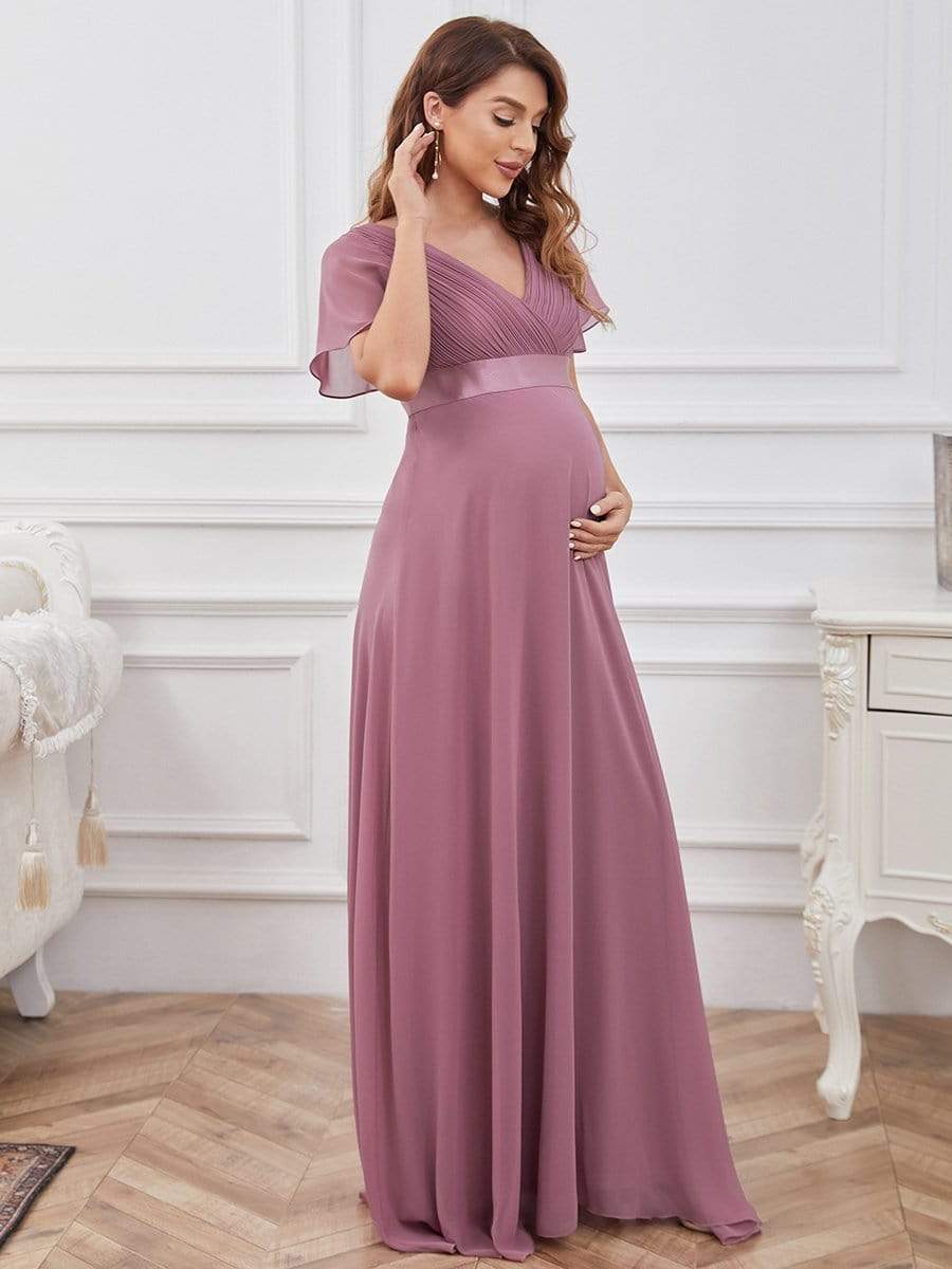 Pleated Bodice Ruffle Sleeves V Neck Floor Length Maternity Dress