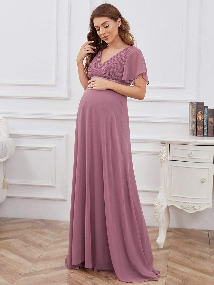 Pleated Bodice Ruffle Sleeves V Neck Floor Length Maternity Dress