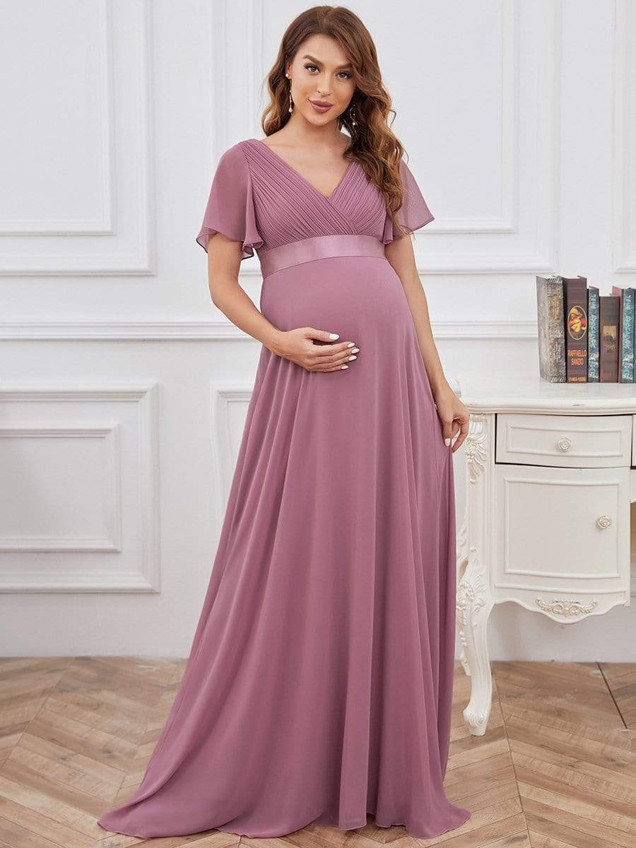 Pleated Bodice Ruffle Sleeves V Neck Floor Length Maternity Dress