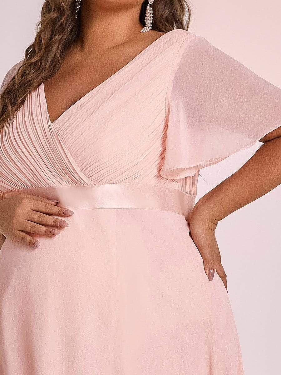 Plus Size Pleated Bodice Ruffle Sleeves V Neck Floor Length Maternity Dress