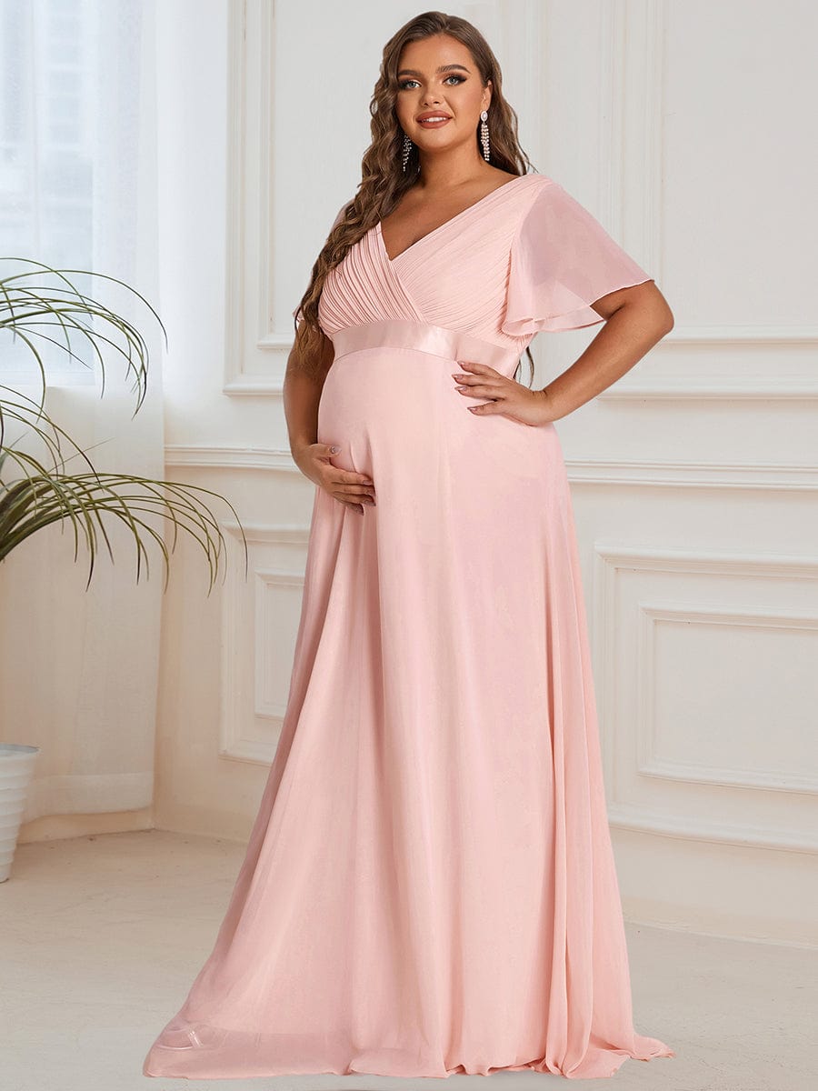 Pleated Bodice V Neck Floor Length Maternity Wedding Guest Dress with Sleeves