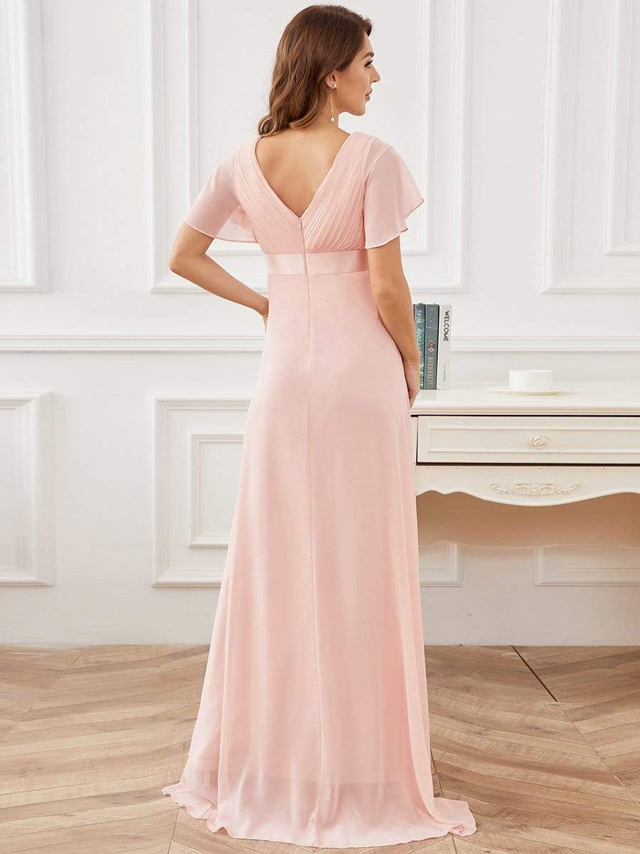 Pleated Bodice V Neck Floor Length Maternity Wedding Guest Dress with Sleeves