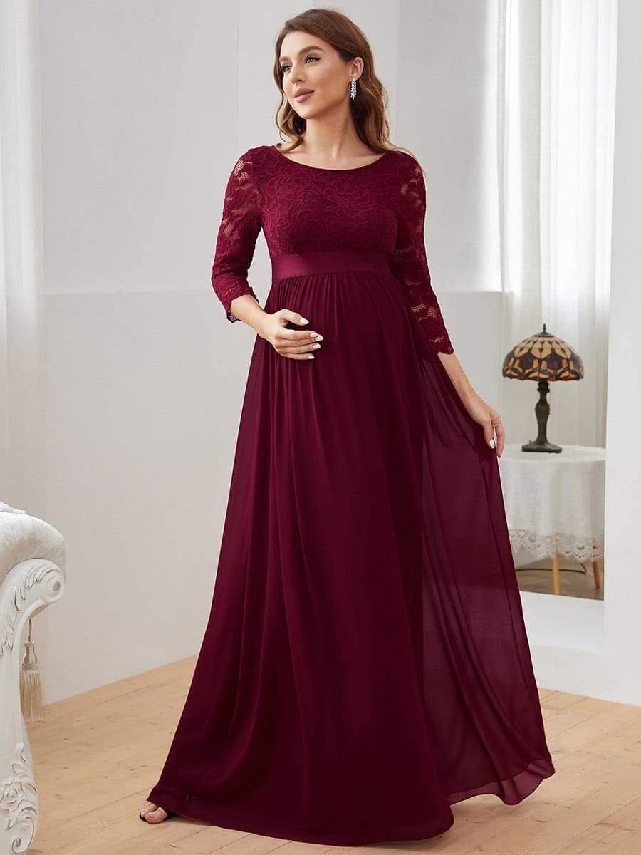 Round Neck V Back 3/4 Sleeves Embroidered Maternity Dress