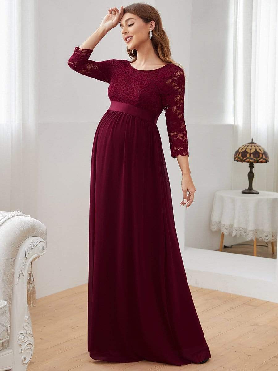 Round Neck V Back 3/4 Sleeves Embroidered Maternity Dress