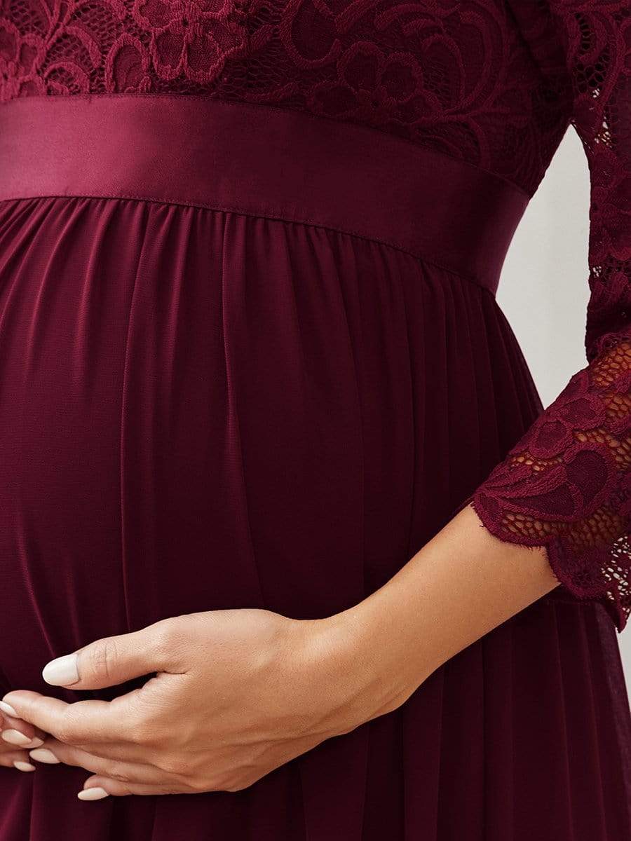 Round Neck V Back 3/4 Sleeves Embroidered Maternity Dress