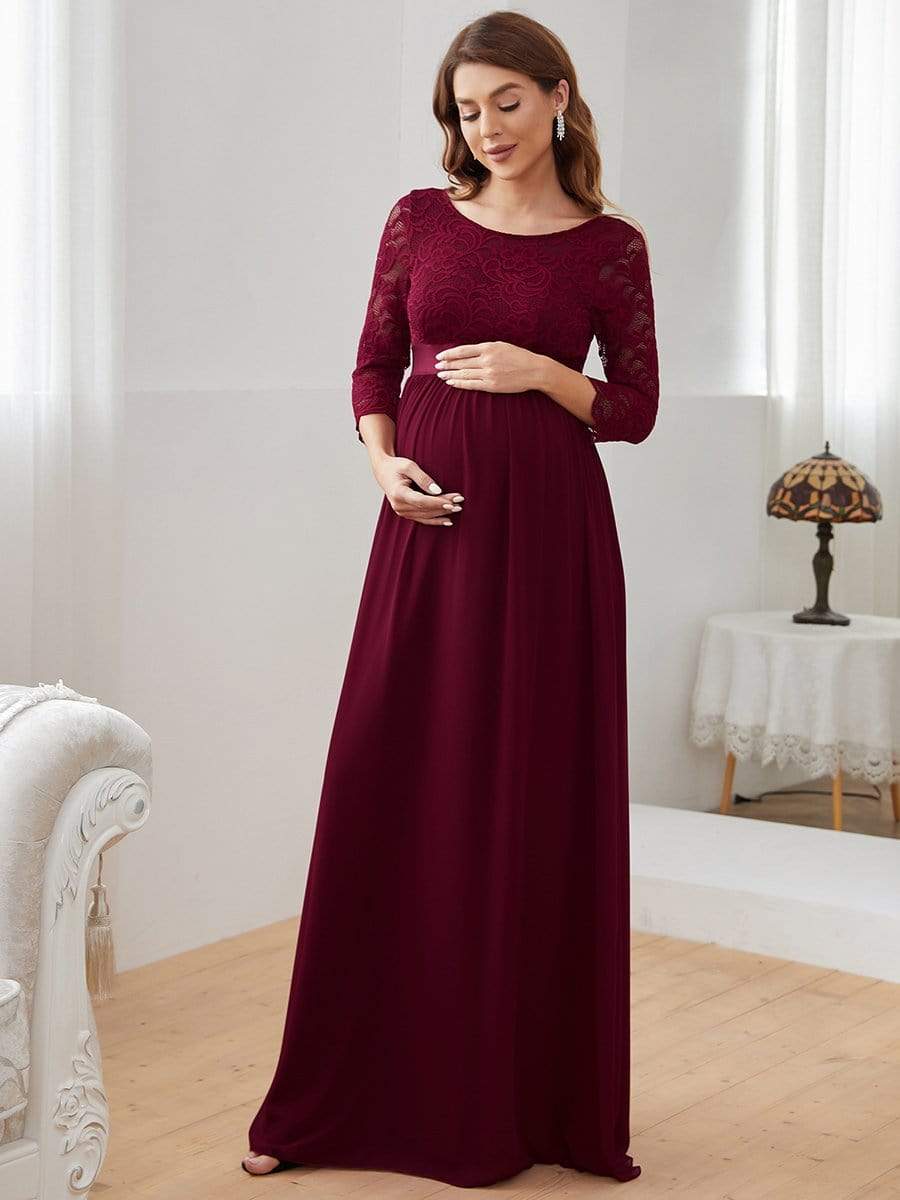 Round Neck V Back 3/4 Sleeves Embroidered Maternity Dress