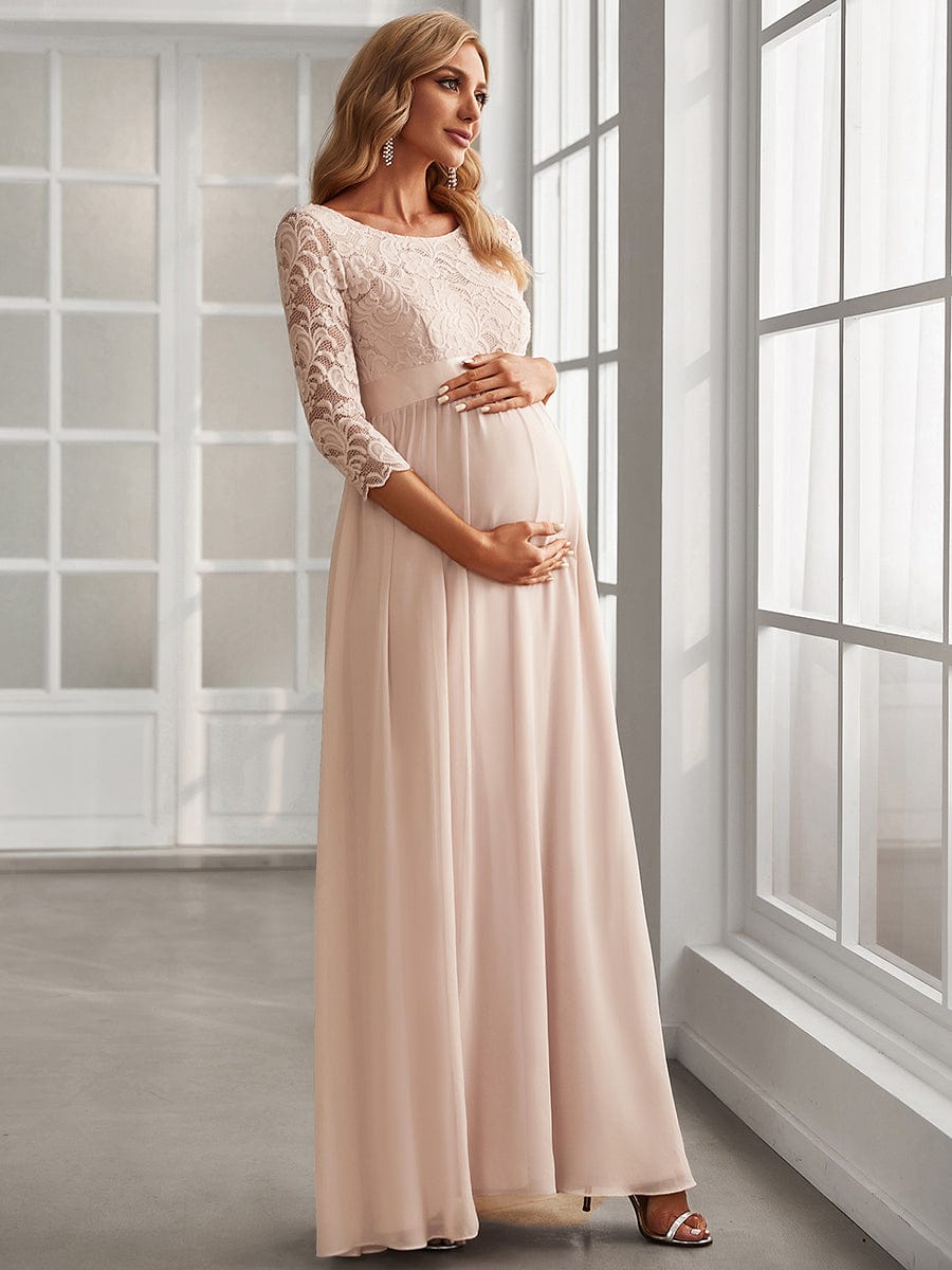 Round Neck V Back 3/4 Sleeves Embroidered Maternity Dress