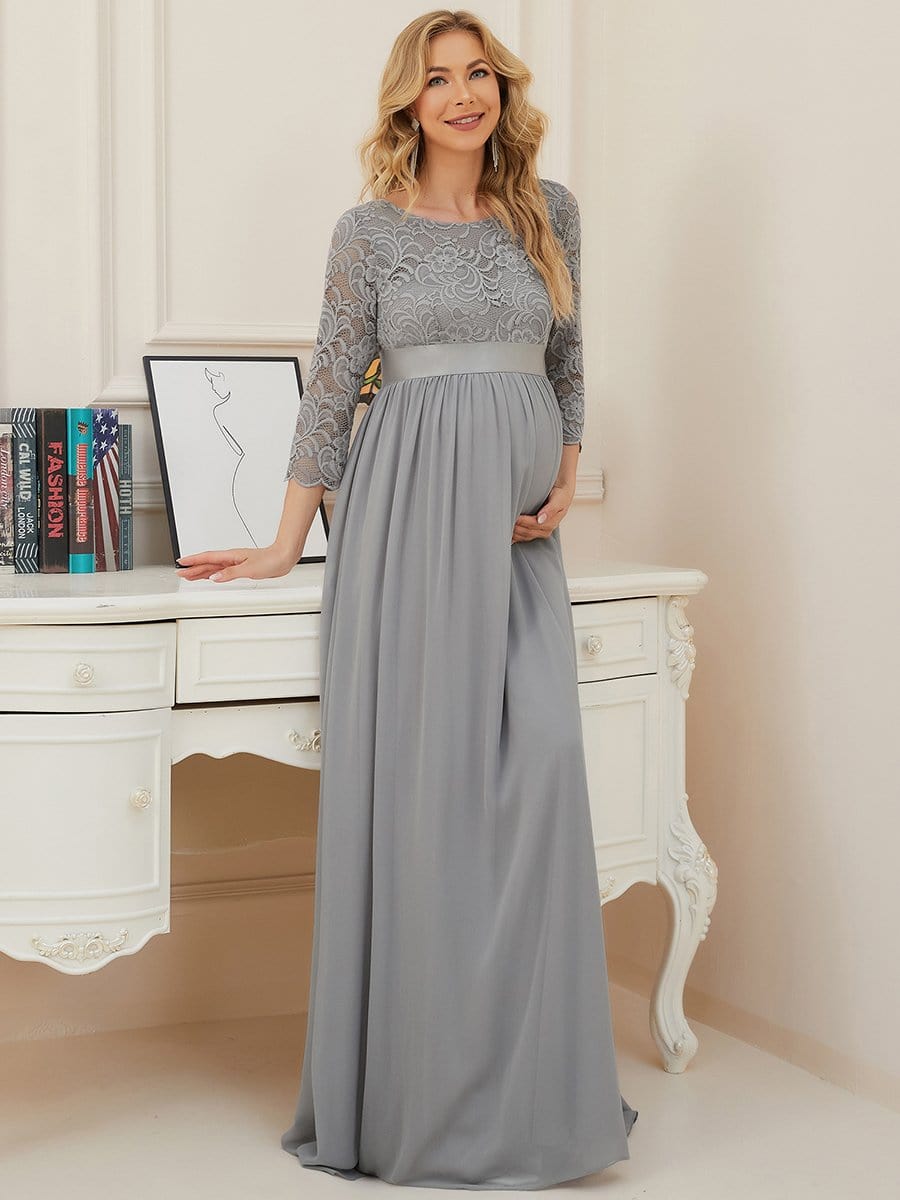 Round Neck V Back 3/4 Sleeves Embroidered Maternity Dress