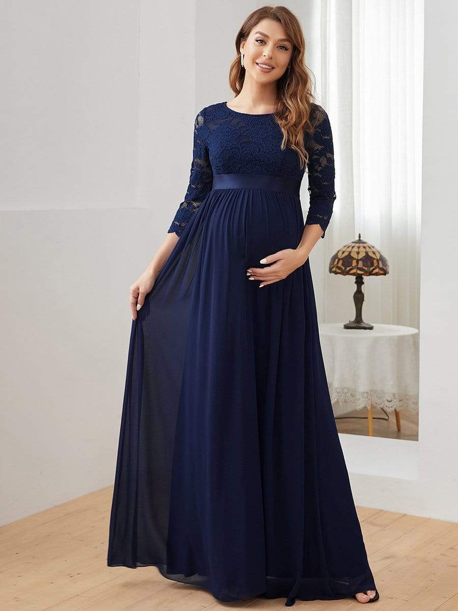 Round Neck V Back 3/4 Sleeves Embroidered Maternity Dress