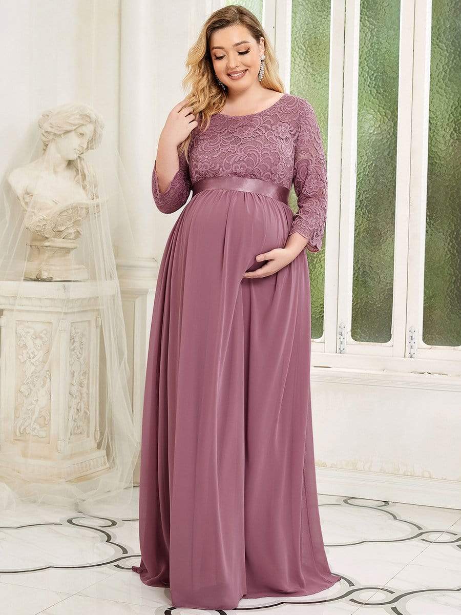 3/4 Sleeve Lace Floor Length Plus Size Maternity Dress