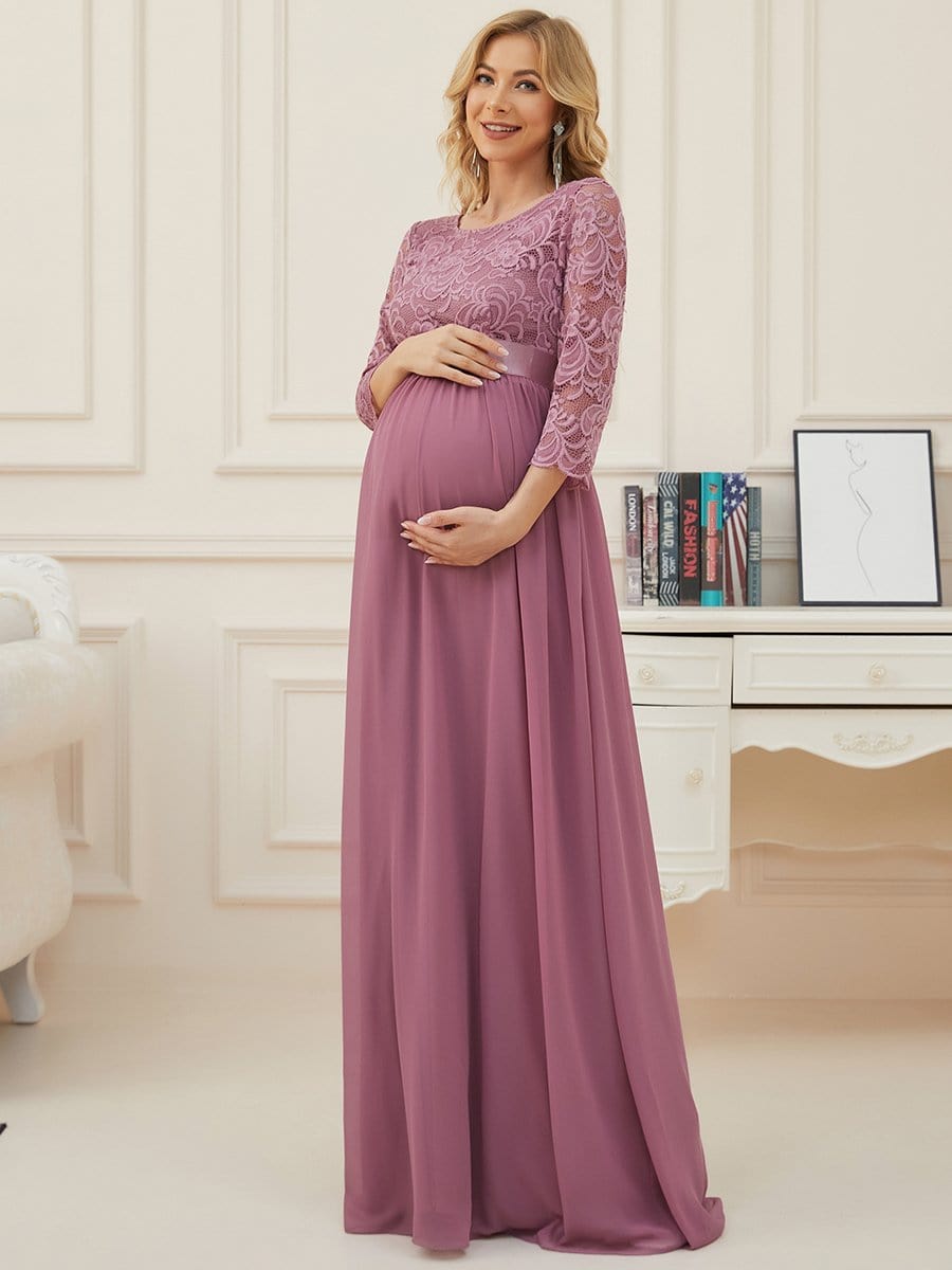 Round Neck V Back 3/4 Sleeves Embroidered Maternity Dress