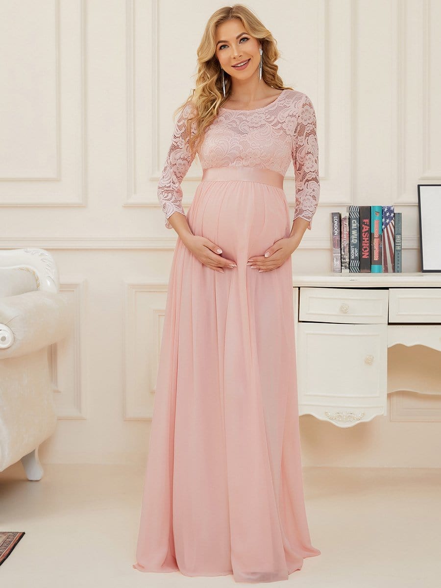 Round Neck V Back 3/4 Sleeves Embroidered Maternity Dress