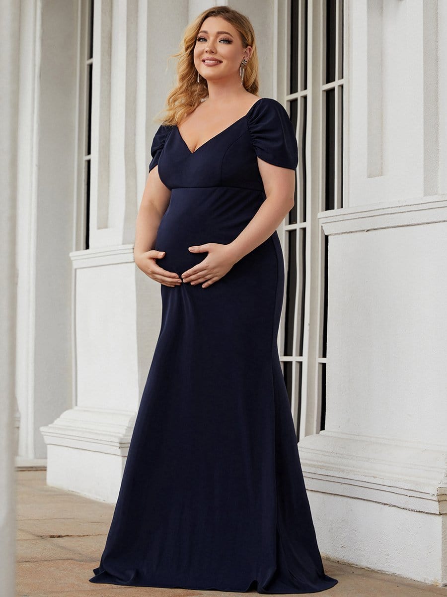 Color=Navy Blue | Plus Size Sweetheart Cap Sleeve Mermaid Maternity Dress-Navy Blue 1